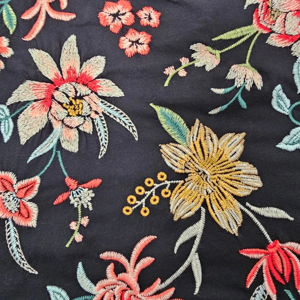 Johnny Was Women Embroidered Ruffle Sleeve Knit Dress XL Black Boho Floral